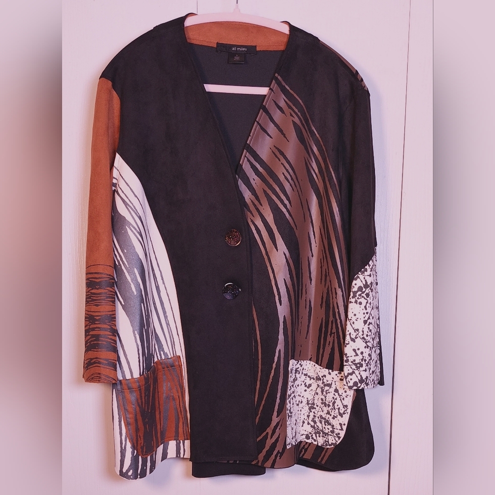 Ali Miles Knit Faux Suede Printed Jacket Size Large Patch Pockets Button Boho - Picture 3 of 15